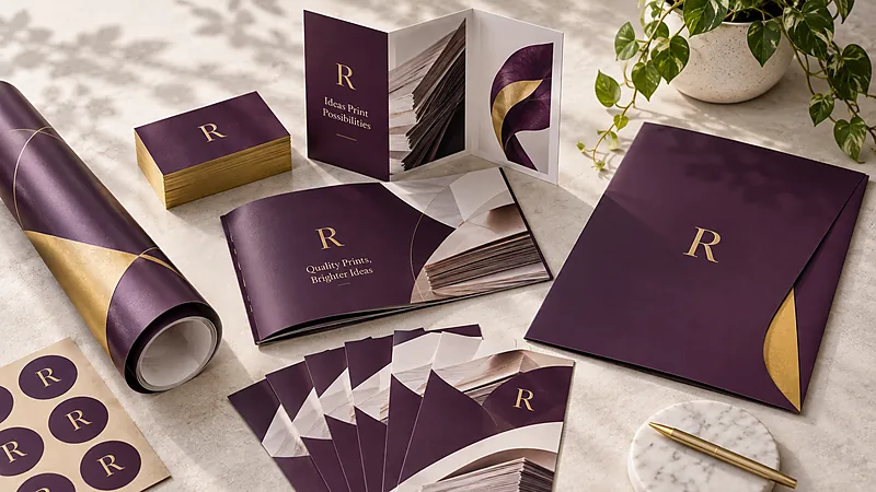 A spread of printed collateral in deep purple and gold — a gold-edged stack of business cards, an open tri-fold, a saddle-stitched booklet, a fan of flyers, a presentation folder, a rolled poster and a sheet of round labels