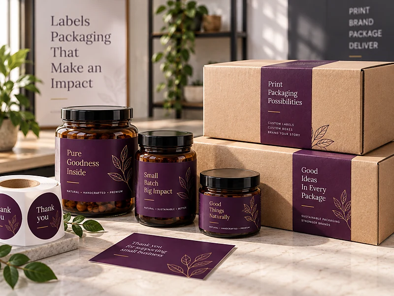 Printed labels on jars, kraft boxes with belly bands and a roll of thank-you stickers
