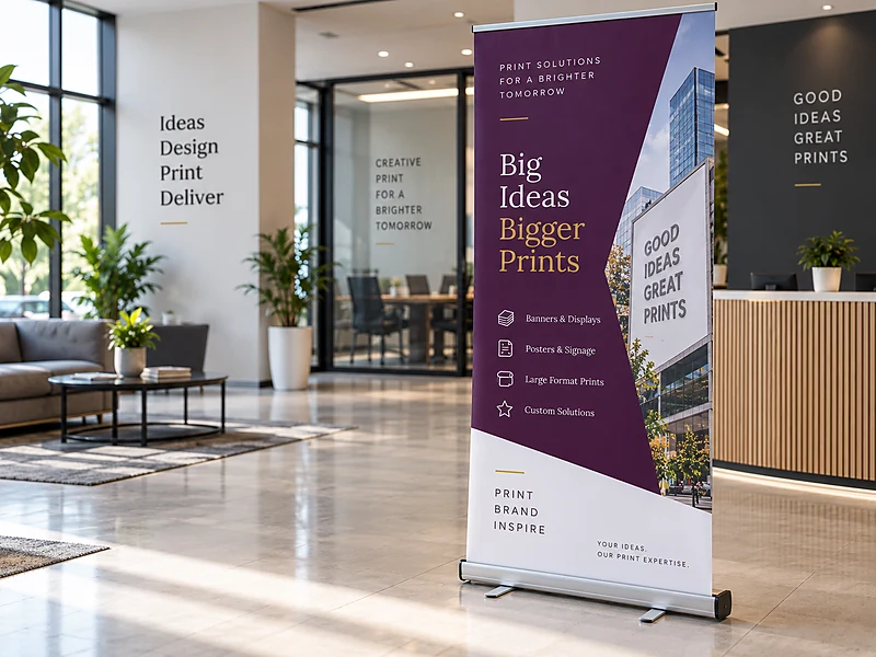 Pull-up banner standing in an office lobby