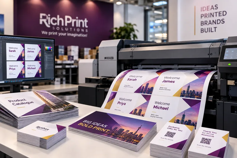 A digital press running a printed sheet of welcome cards that each carry a different name, with catalogues, business cards and postcards stacked on the bench in front of it