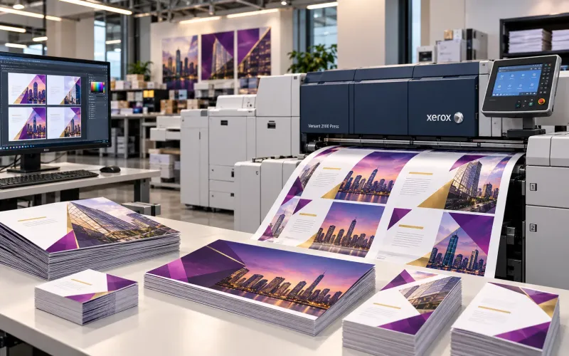 A digital press printing a sheet of brochure pages, with finished brochures and flyers stacked on the bench in front of it and the artwork open on a monitor beside it