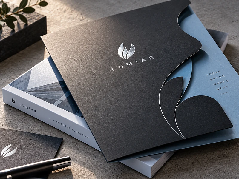A die-cut presentation folder with silver foil stamping, stacked with a perfect-bound book, in charcoal and pale blue