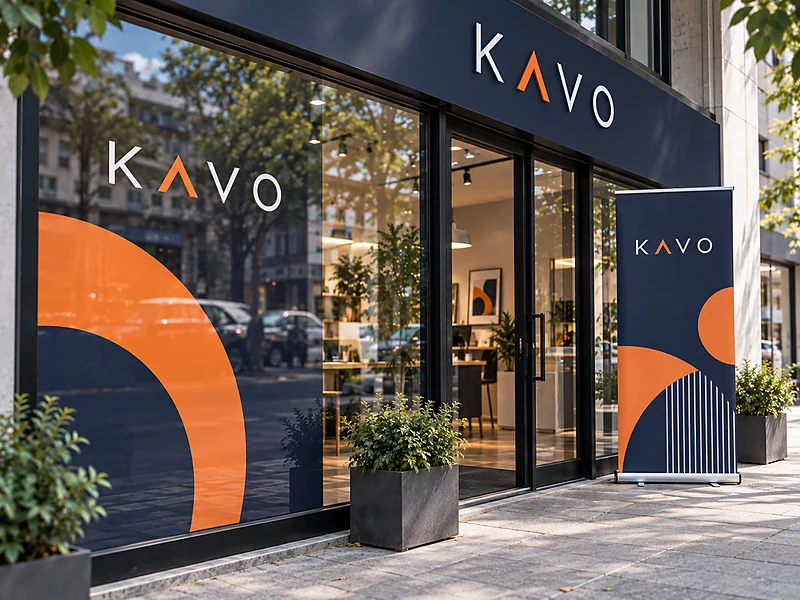 Printed vinyl graphics across a storefront window with a pull-up banner standing beside the door, in navy and orange