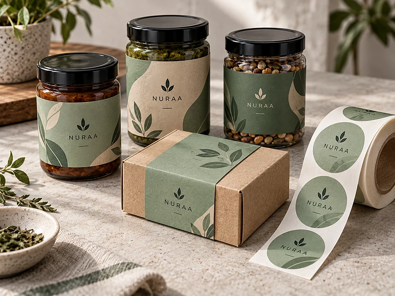 Printed labels applied to jars, a kraft carton with a belly band, and a part-unspooled roll of round labels, in sage green