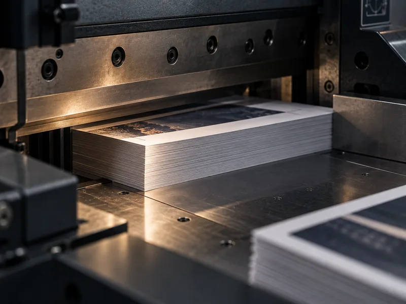 Printed sheets stacked under a guillotine blade